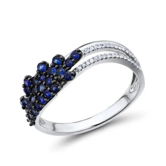 14K Gold Sparkling Diamond and Natural Blue Sapphire Luxury Fine Jewelry Rings for Women Genuine Rose Gold White Ring