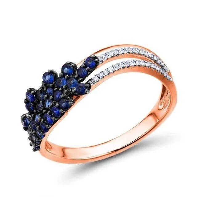 14K Gold Sparkling Diamond and Natural Blue Sapphire Luxury Fine Jewelry Rings for Women Genuine Rose Gold White Ring