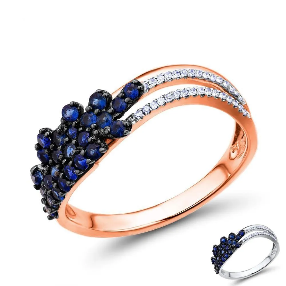 14K Gold Sparkling Diamond and Natural Blue Sapphire Luxury Fine Jewelry Rings for Women Genuine Rose Gold White Ring