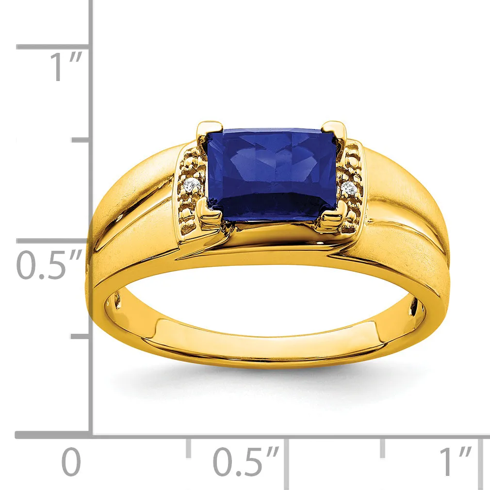 14k Yellow Gold Emerald-cut Created Sapphire and Diamond Mens Ring