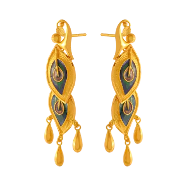 22k Gold Drop Earrings In Meenakari Peacock Feather