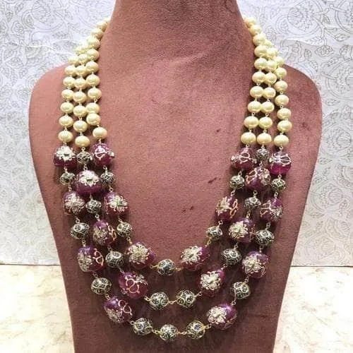 3 Layered Pearl Semi Prescious Necklace