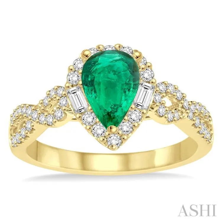 7x5 MM Pear Shape Emerald and 1/2 Ctw Diamond Ring in 14K Yellow Gold