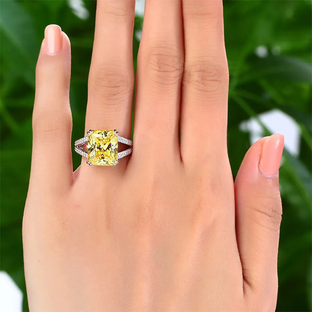 925 Sterling Silver Luxury Ring 6 Carat Fancy Yellow Created Diamond Radiant Cut XFR8154