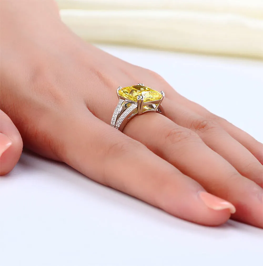 925 Sterling Silver Luxury Ring 6 Carat Fancy Yellow Created Diamond Radiant Cut XFR8154