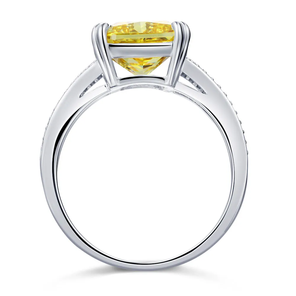 925 Sterling Silver Luxury Ring 6 Carat Fancy Yellow Created Diamond Radiant Cut XFR8154