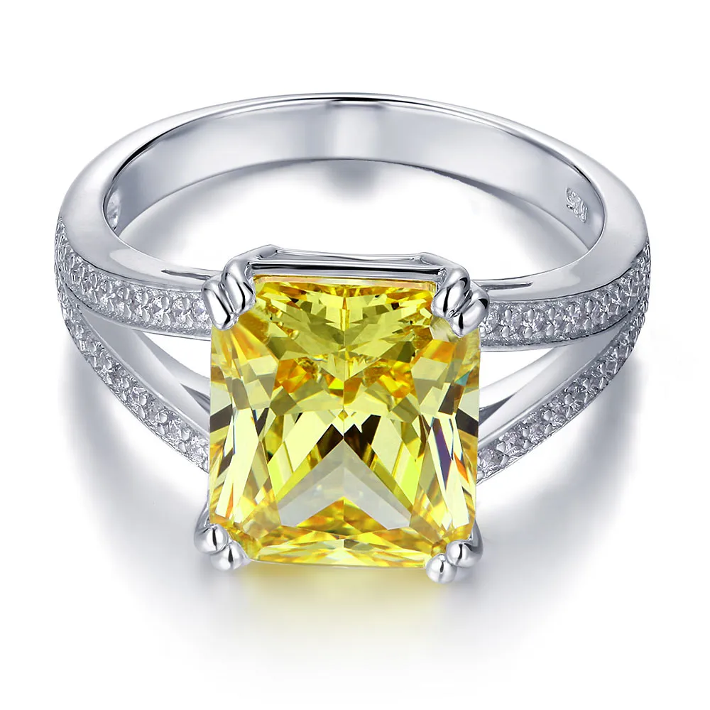 925 Sterling Silver Luxury Ring 6 Carat Fancy Yellow Created Diamond Radiant Cut XFR8154