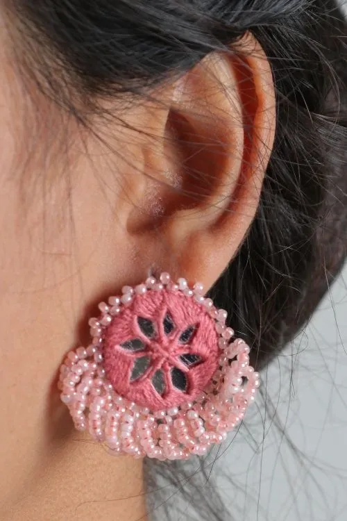 Antarang-  Gulabi (Pink)  Bead Jumki Earing,  100% Cotton. Hand Made By Divyang Rural Women.