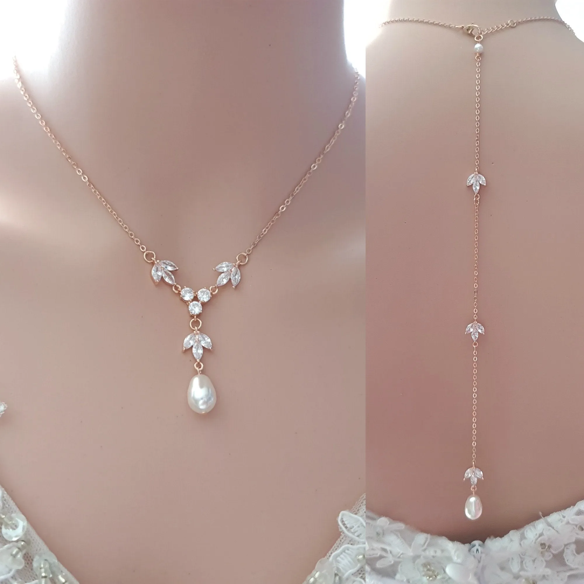 Back Drop Bridal Necklace, Pearl Crystal Wedding Necklace, Wedding Backdrop Necklace, Simple Back Necklace, Wedding Jewelry, Leila