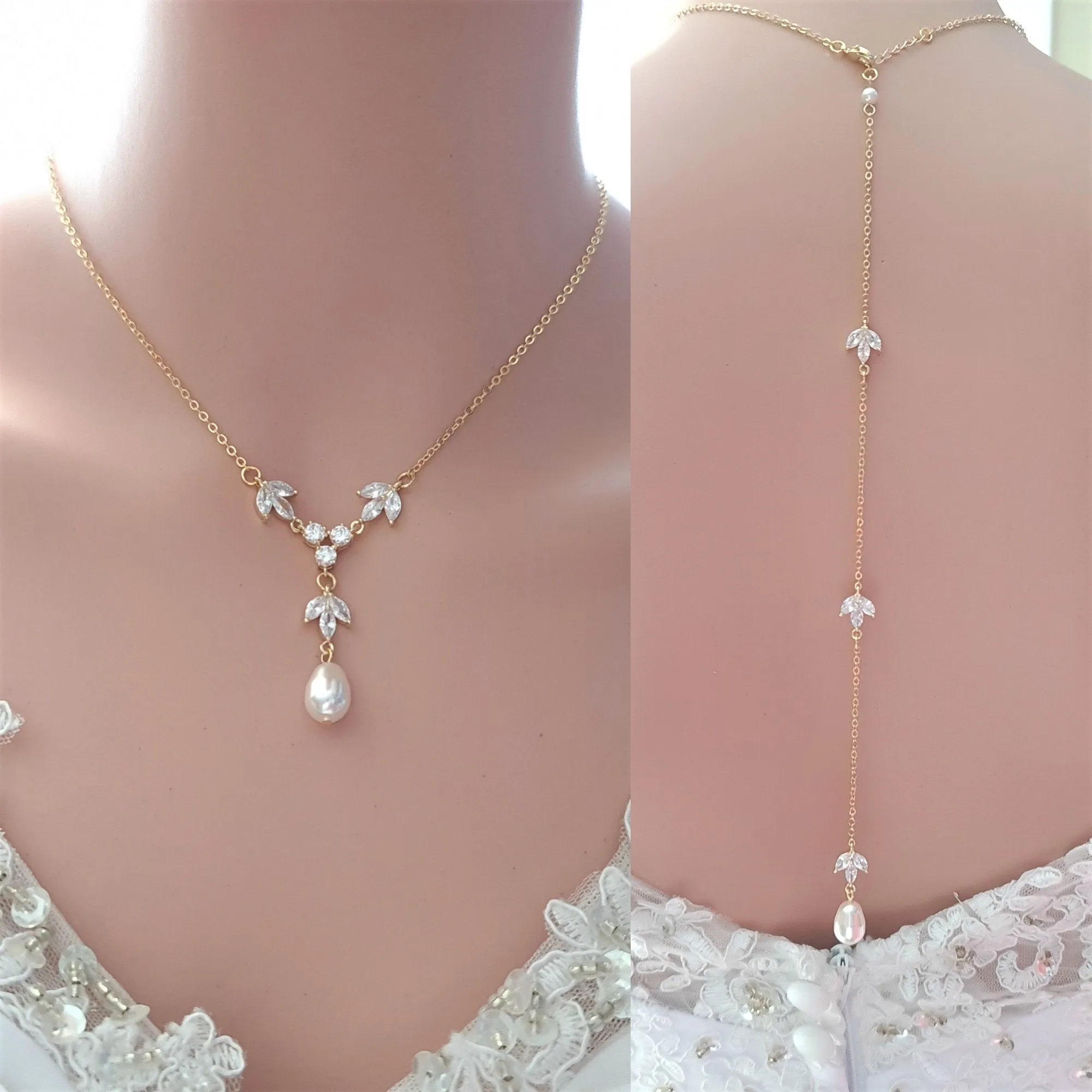 Back Drop Bridal Necklace, Pearl Crystal Wedding Necklace, Wedding Backdrop Necklace, Simple Back Necklace, Wedding Jewelry, Leila