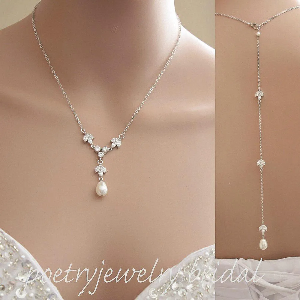 Back Drop Bridal Necklace, Pearl Crystal Wedding Necklace, Wedding Backdrop Necklace, Simple Back Necklace, Wedding Jewelry, Leila