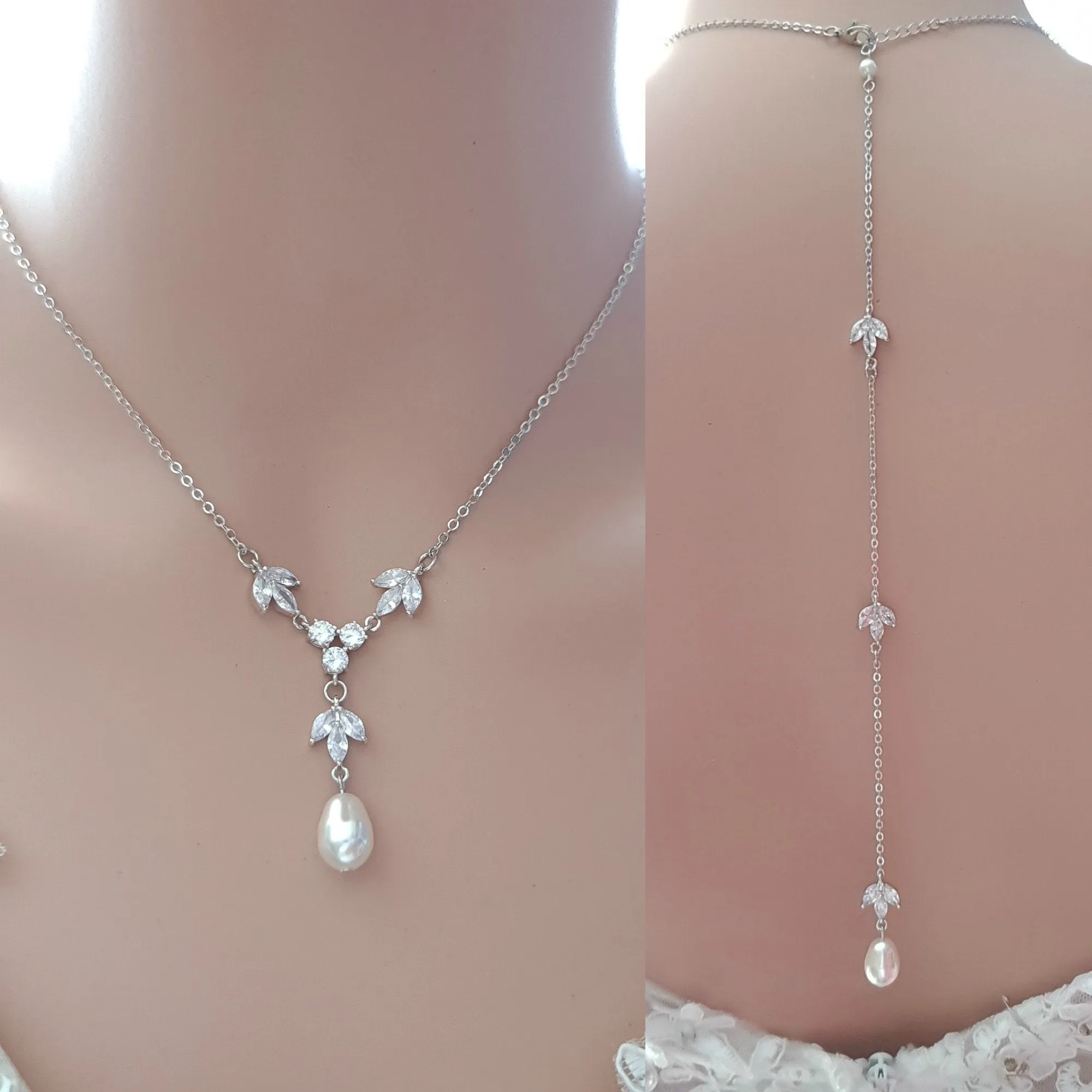 Back Drop Bridal Necklace, Pearl Crystal Wedding Necklace, Wedding Backdrop Necklace, Simple Back Necklace, Wedding Jewelry, Leila