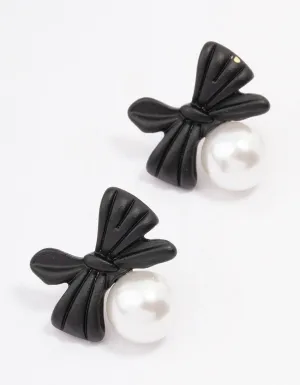 Black Bow Pearl Stud Earrings