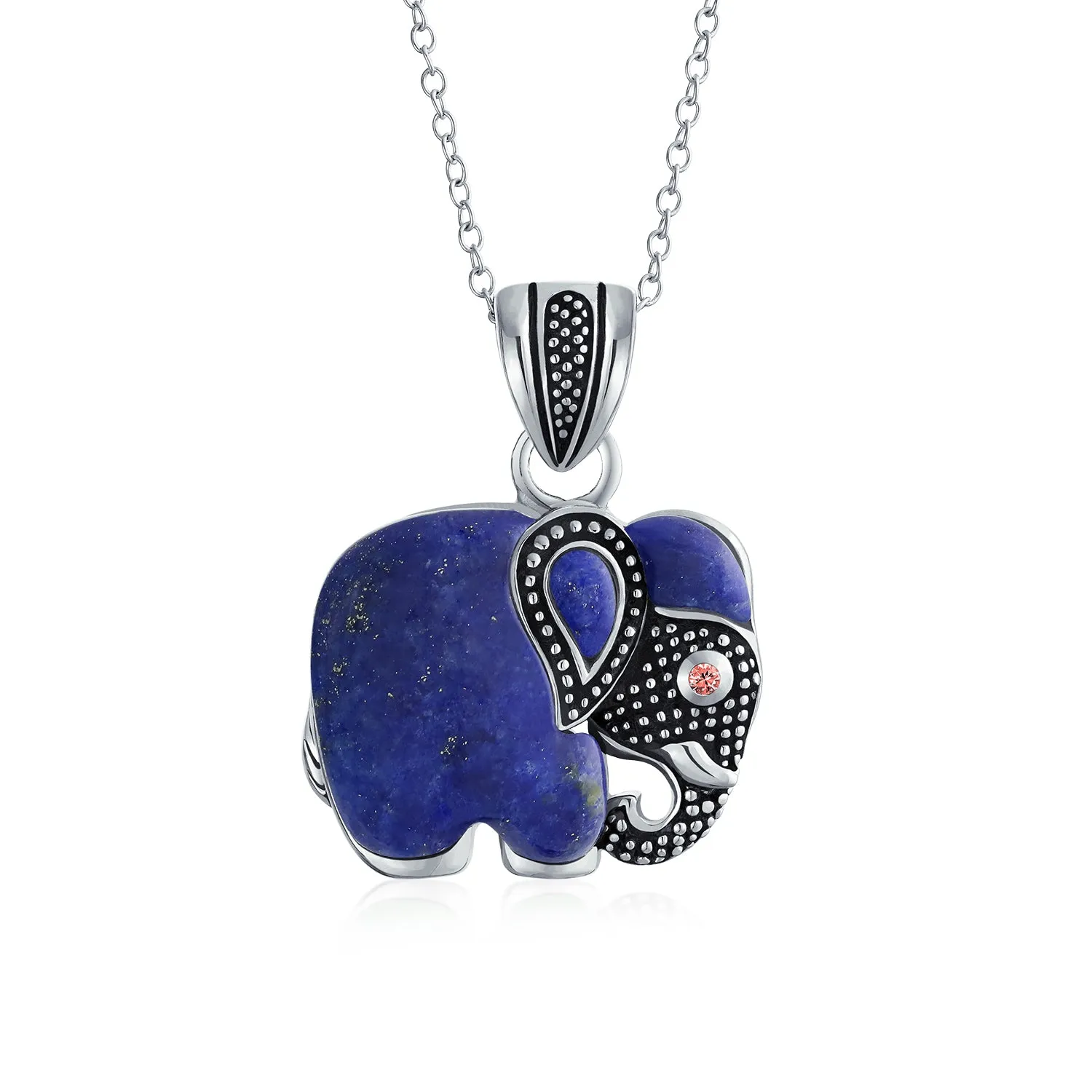 Boho Bali Elephant Pendant Necklace with Lapis Jade and Turquoise Inlay in Silver