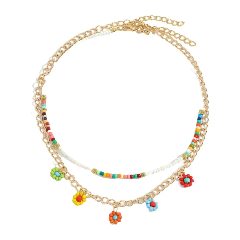 Boho Layered Flower Necklaces Y2k Colorful Beaded Choker For Girl