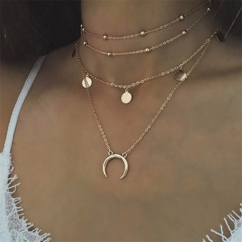 Boho Necklaces & Pendants Vintage Multilayer Choker Necklace Women Fashion Collar Collier Femme Moon Jewelry Accessories