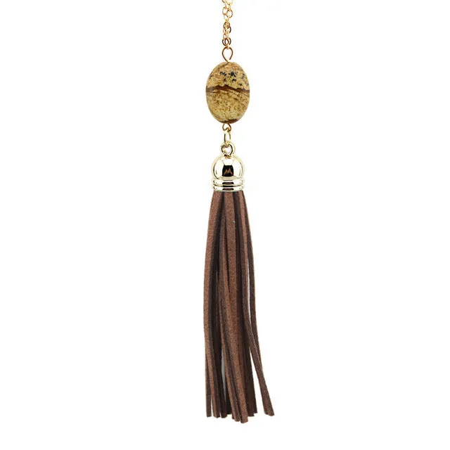 Boho Velvet Long Tassel Necklace 2016 Summer Style Leather Tassel Natural Stone Necklace for Women Sweater Chain Fashion Jewelry