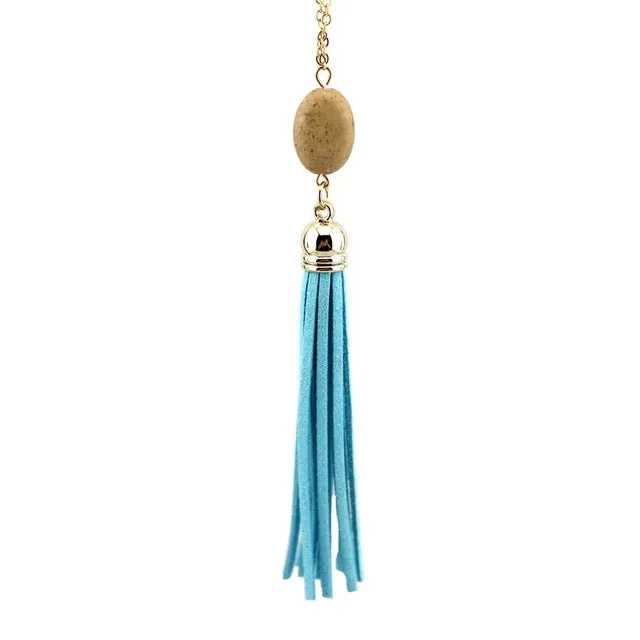 Boho Velvet Long Tassel Necklace 2016 Summer Style Leather Tassel Natural Stone Necklace for Women Sweater Chain Fashion Jewelry