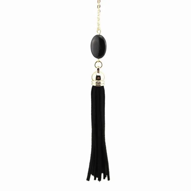 Boho Velvet Long Tassel Necklace 2016 Summer Style Leather Tassel Natural Stone Necklace for Women Sweater Chain Fashion Jewelry