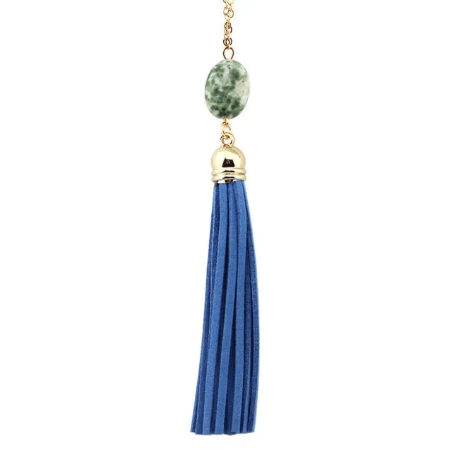 Boho Velvet Long Tassel Necklace 2016 Summer Style Leather Tassel Natural Stone Necklace for Women Sweater Chain Fashion Jewelry