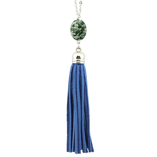 Boho Velvet Long Tassel Necklace 2016 Summer Style Leather Tassel Natural Stone Necklace for Women Sweater Chain Fashion Jewelry