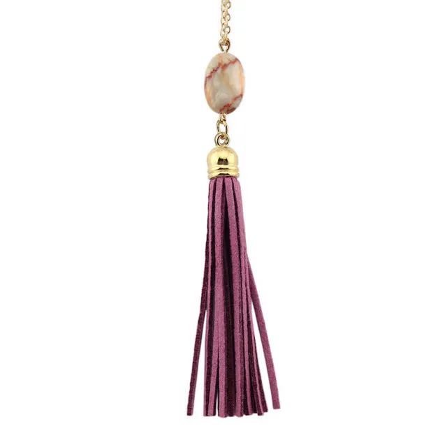 Boho Velvet Long Tassel Necklace 2016 Summer Style Leather Tassel Natural Stone Necklace for Women Sweater Chain Fashion Jewelry