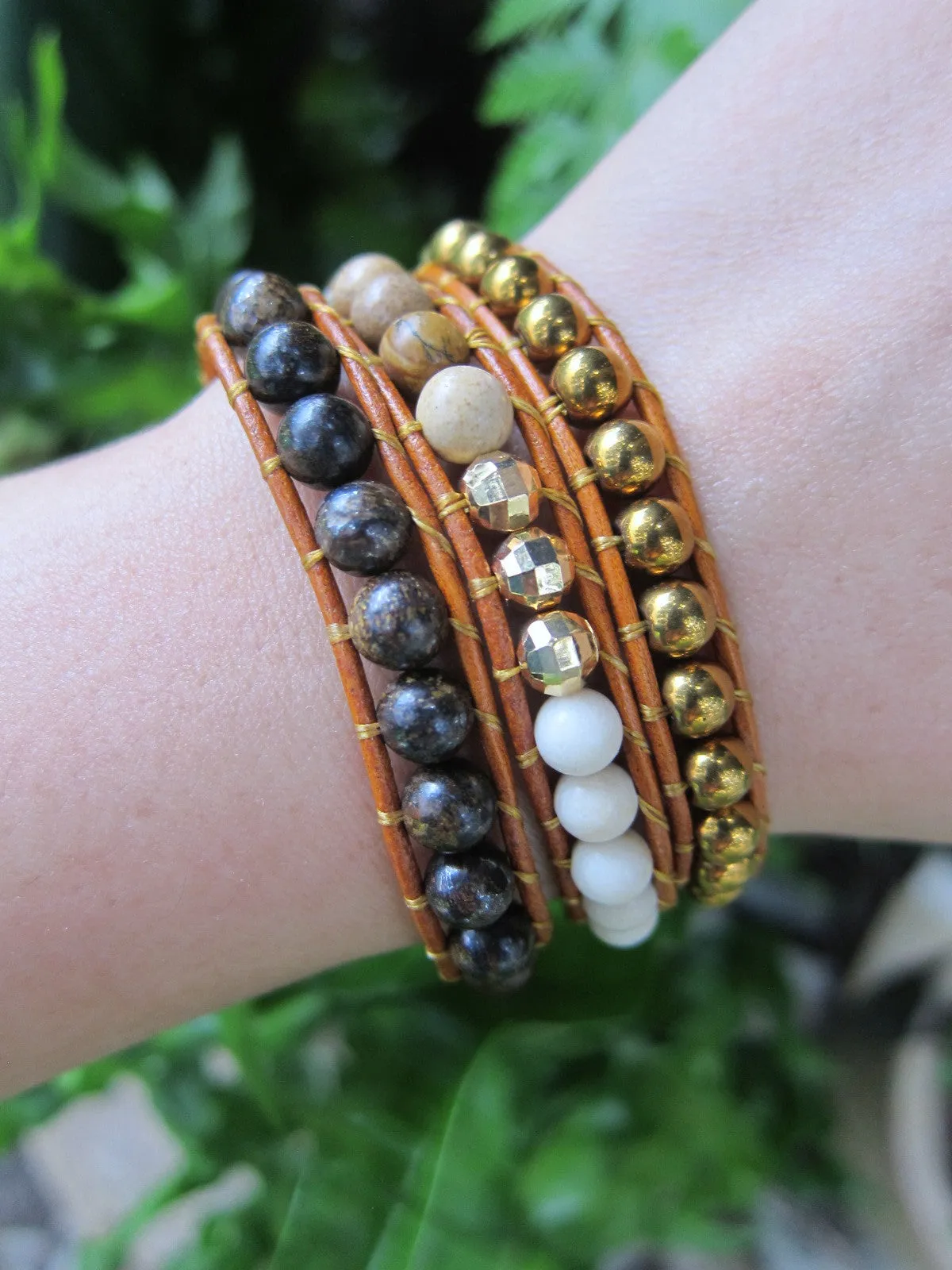 Bronzite, Picture Jasper, Matte White Fossil, Hematite 3X Wrap Bracelet