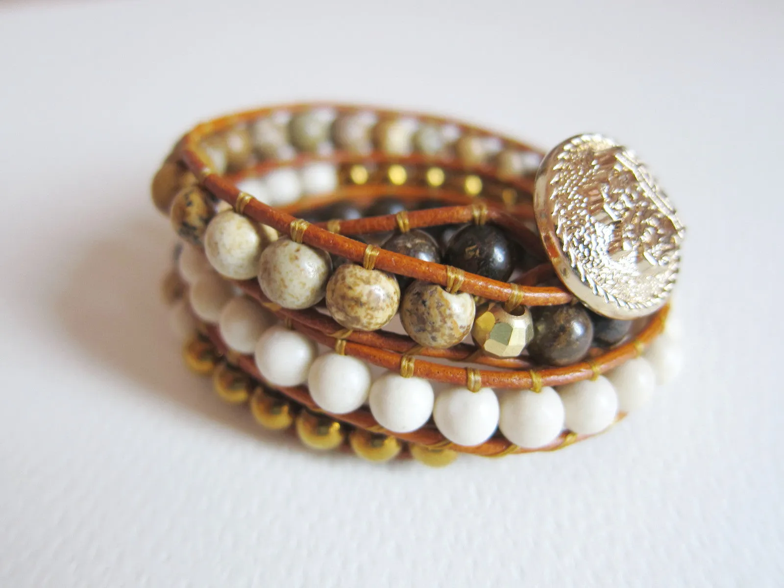 Bronzite, Picture Jasper, Matte White Fossil, Hematite 3X Wrap Bracelet