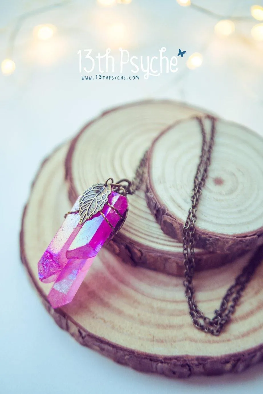 Colorful raw quartz crystal point pendant necklace with leaves