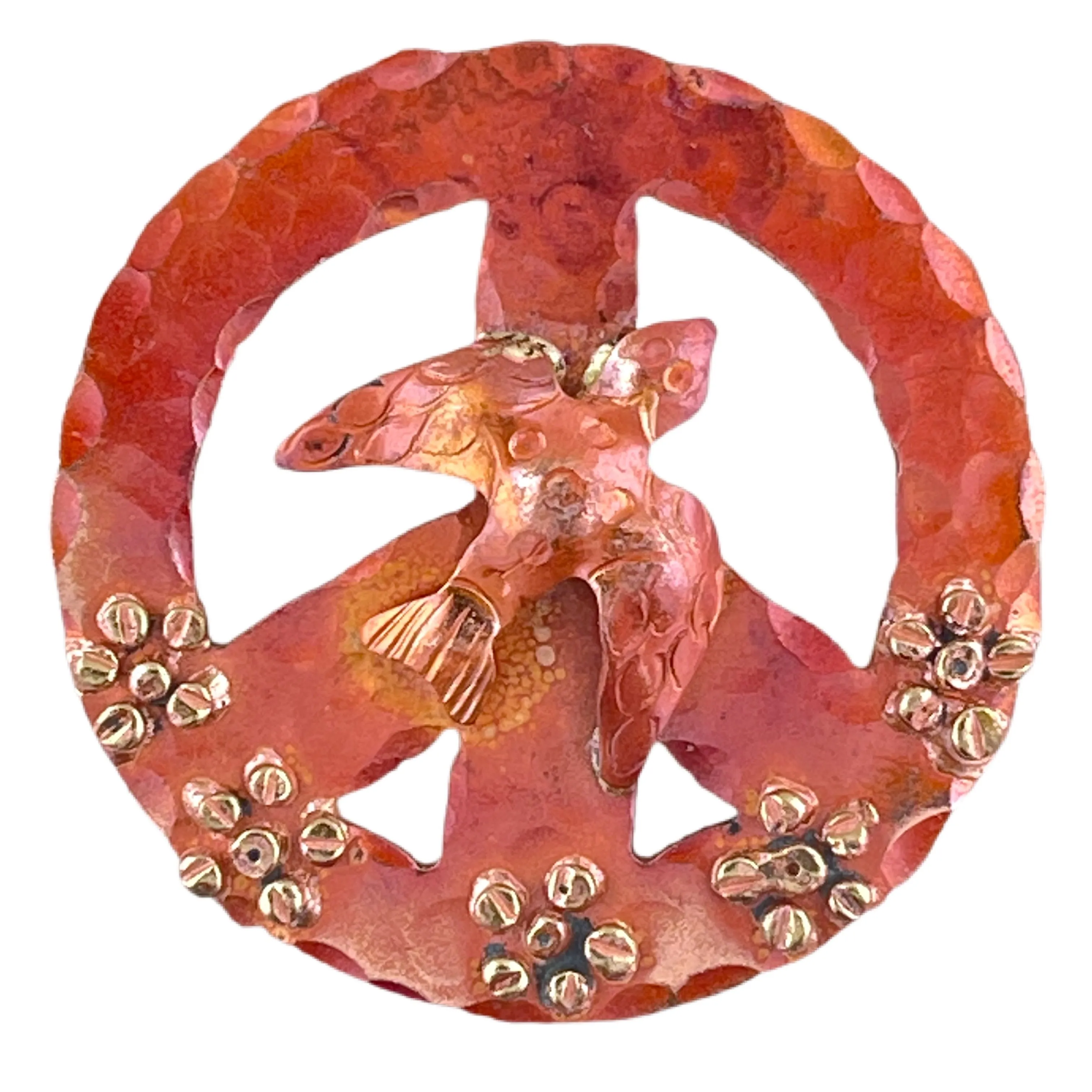 Copper Peace Sign with Dove and Flowers Pendant