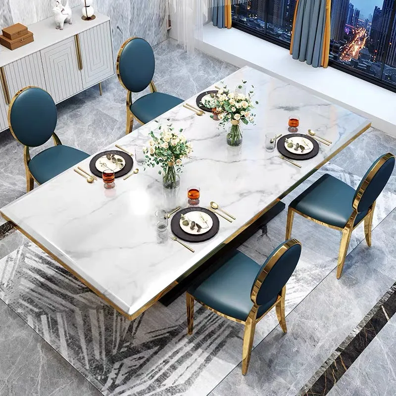 Double Rings Stands Dining Table with Marble /  Shiny Sintered Stone Top