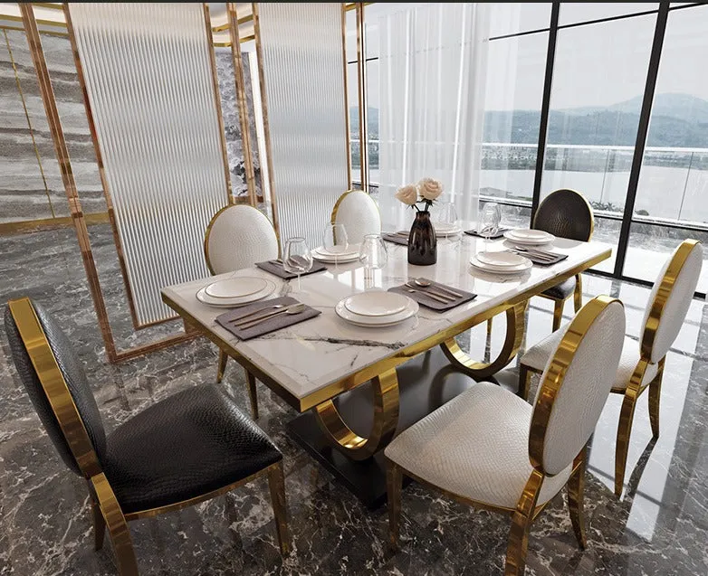 Double Rings Stands Dining Table with Marble /  Shiny Sintered Stone Top