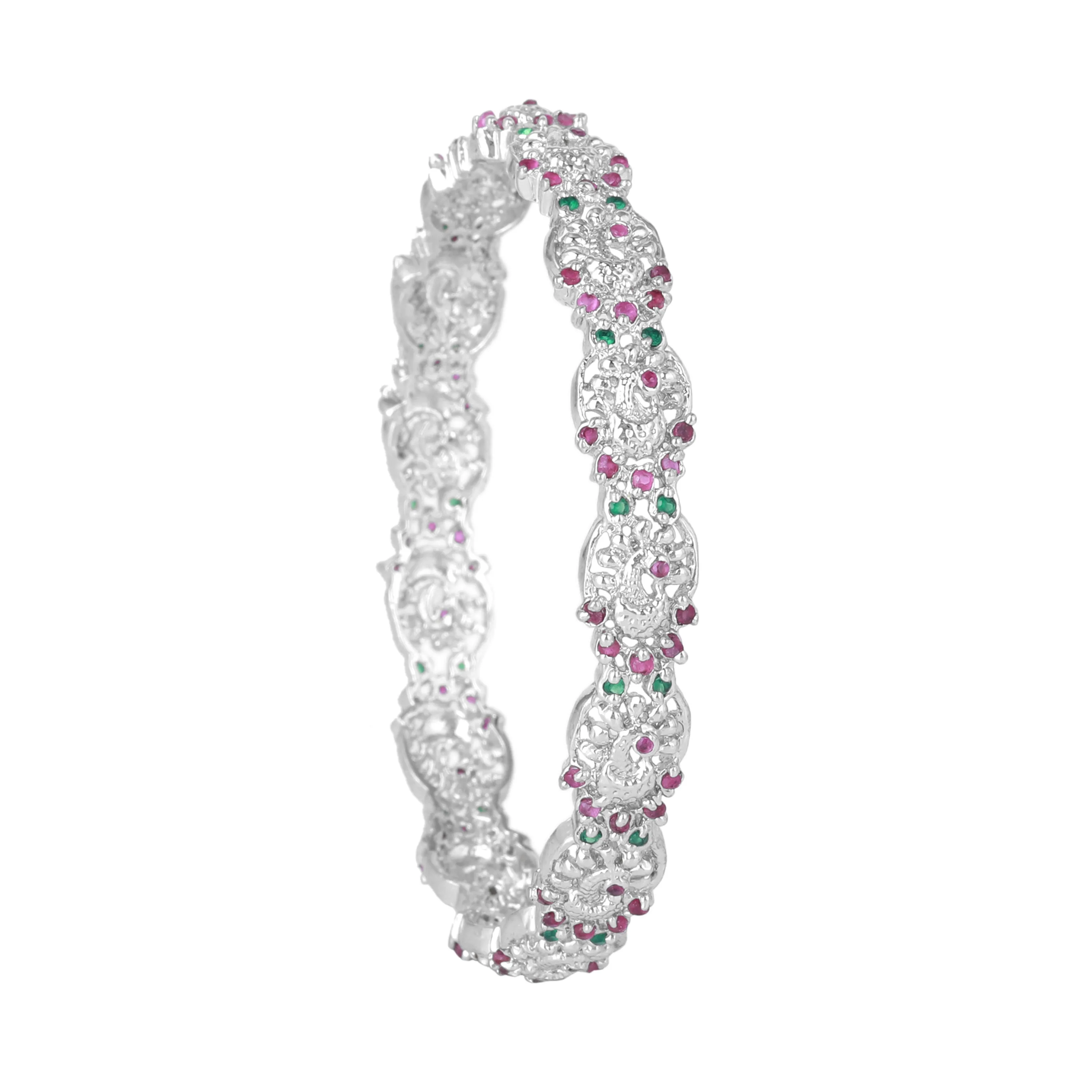 Estele Rhodium Plated Opulent Peacock Designer 2:6 Size Bangles with Multi-Color Crystals| Elegant Traditional Jewelry for Women