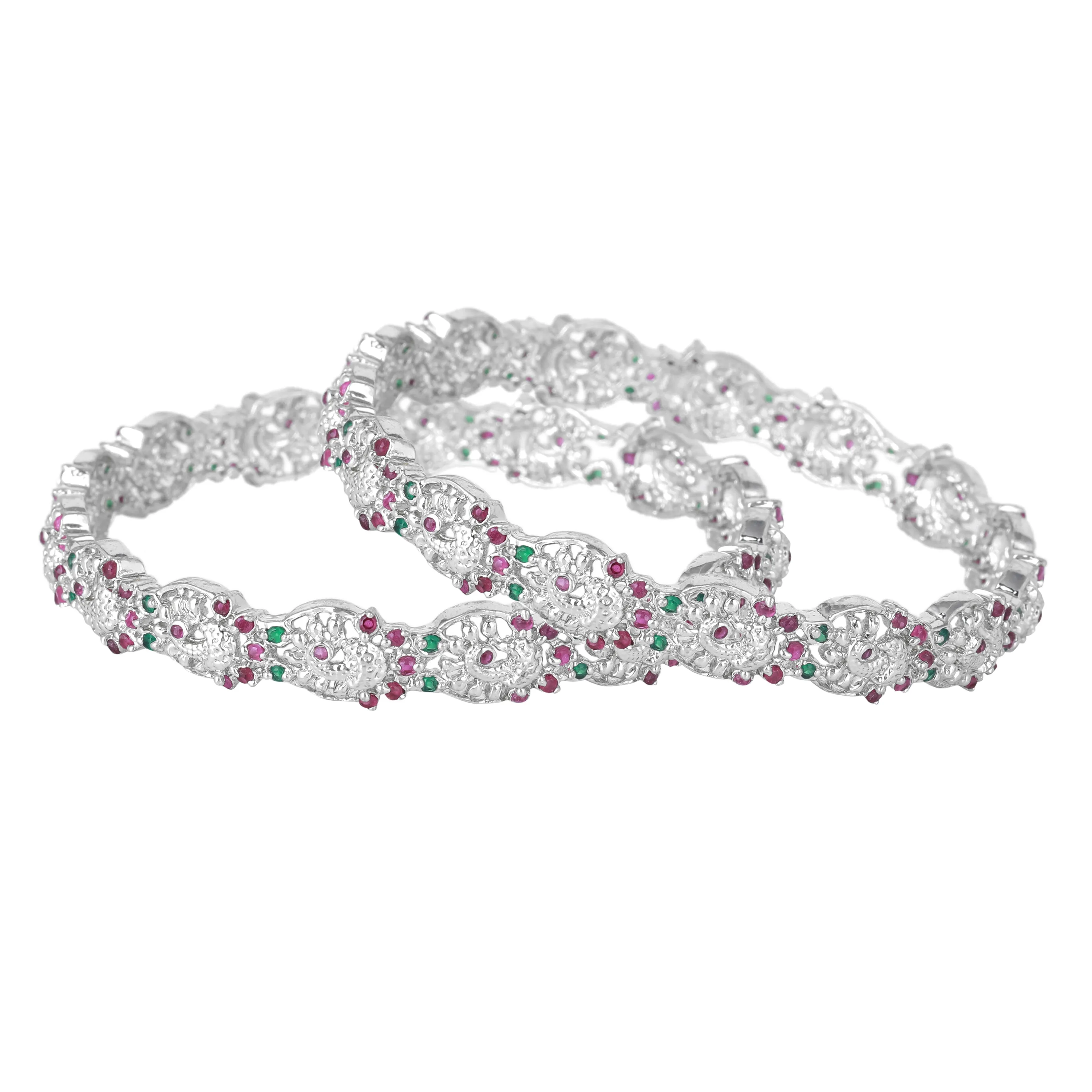 Estele Rhodium Plated Opulent Peacock Designer 2:6 Size Bangles with Multi-Color Crystals| Elegant Traditional Jewelry for Women