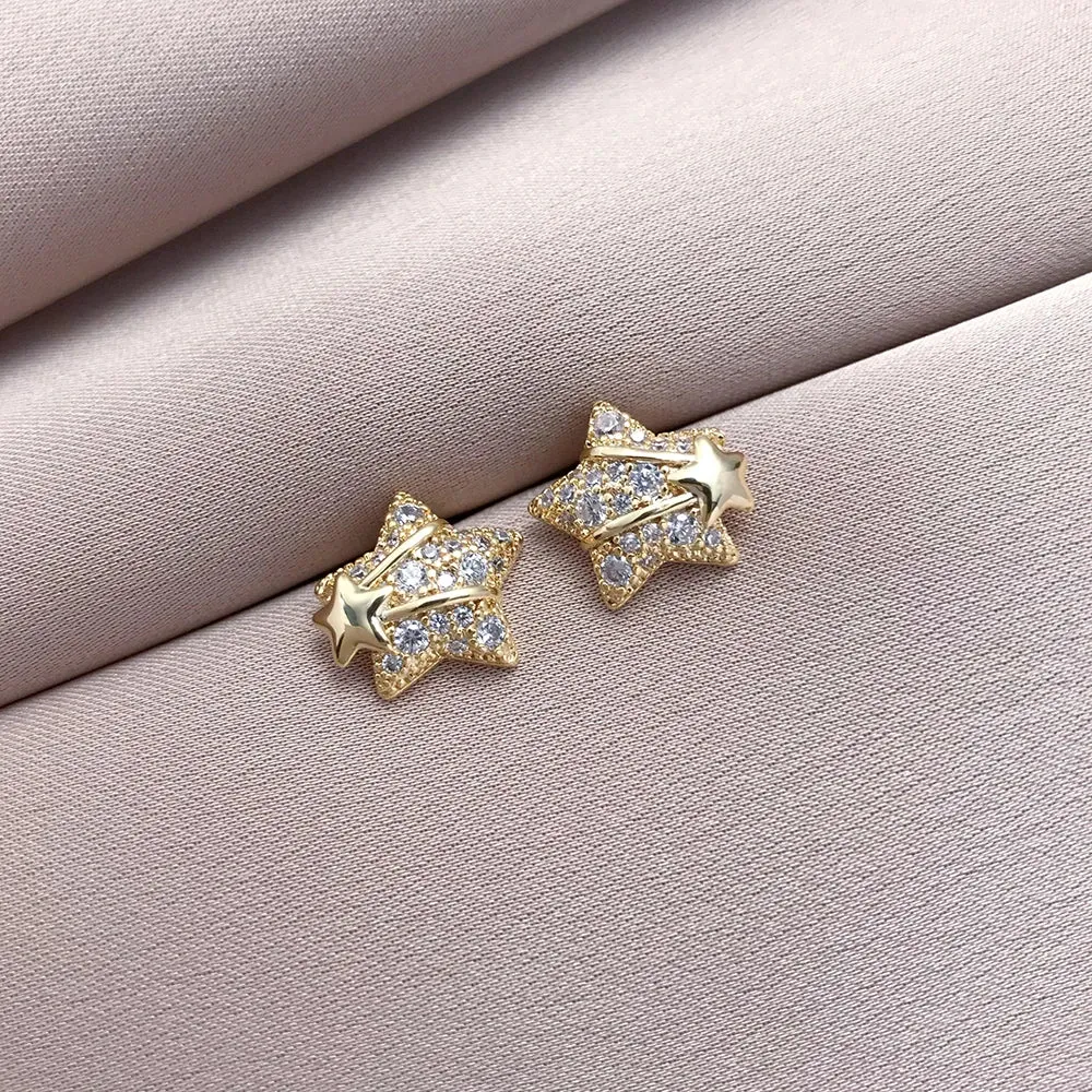 Exquisite Micro Zircon Setting Star Stud Earrings For Women Advanced Design Sweet Gold Color Metal Young Girl Party Jewelry N777