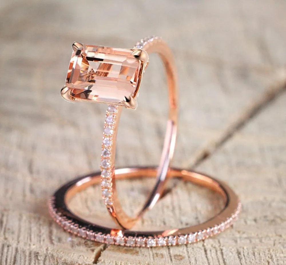 Female Square Ring Set Luxury 18Kt Rose Gold Filled Vintage Wedding Band Promise Engagement Rings For Women