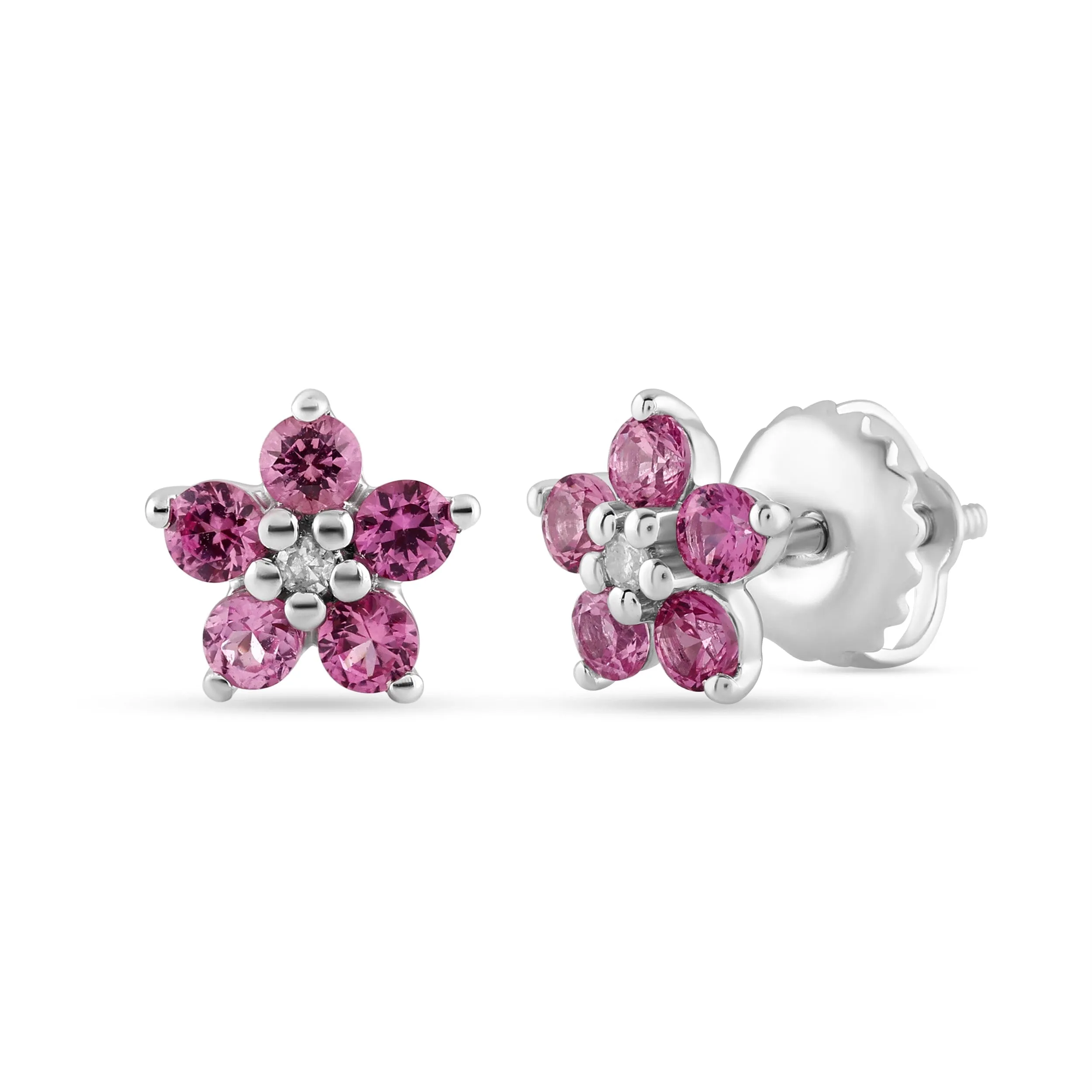 Flower Shaped Created Pink Sapphire Stud Earrings with 0.015ct of Diamonds in Sterling Silver