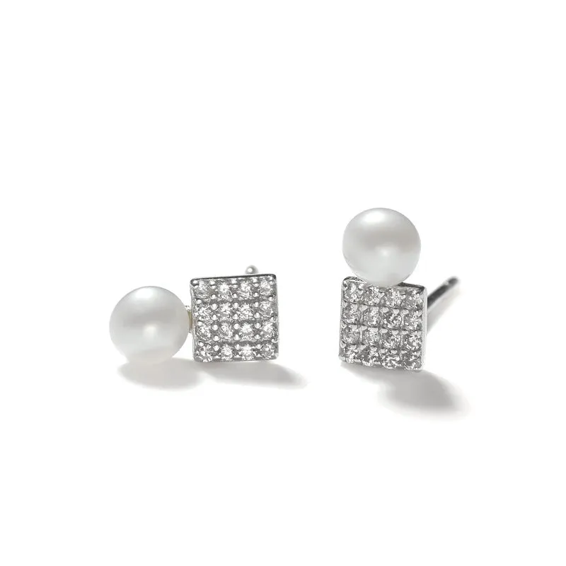 Full Zircon Square with Freshwater Pearl Silver Stud Earrings for Women