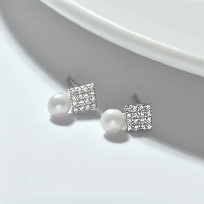 Full Zircon Square with Freshwater Pearl Silver Stud Earrings for Women