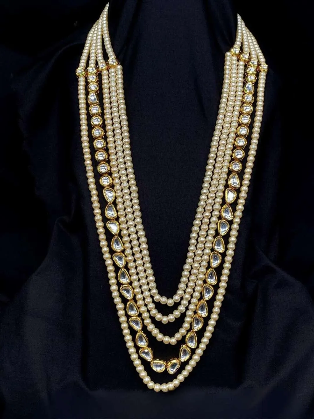 Gold Finish Pearl & Kundan Polki Mala