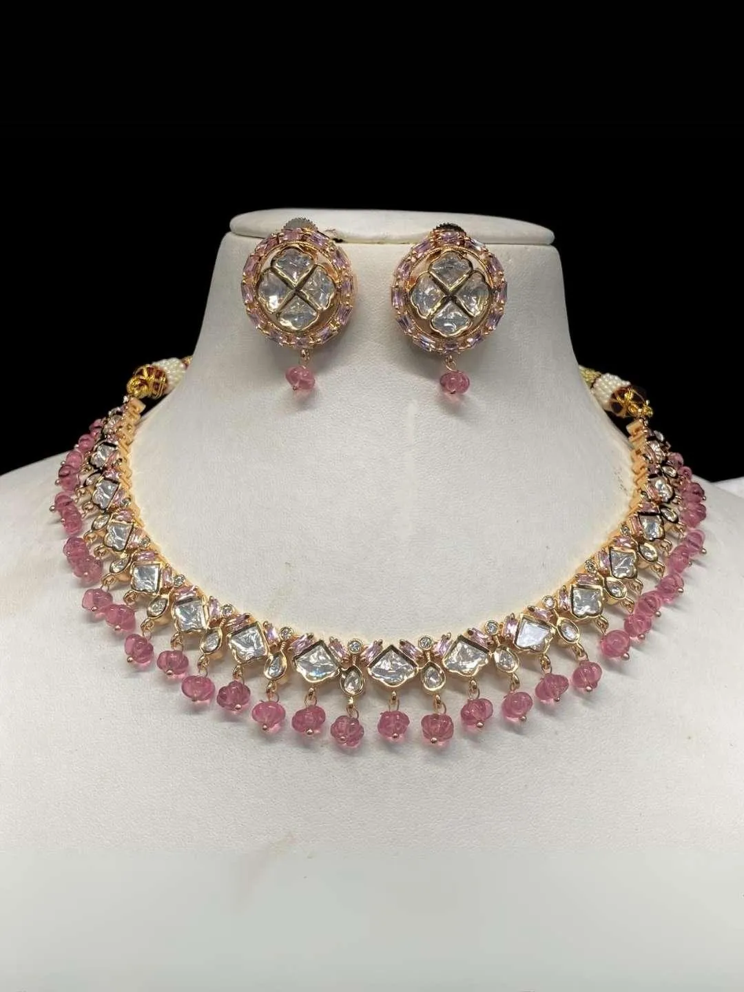 Gold Plated Kundan Polki Beaded Meenakari Choker Necklace Set