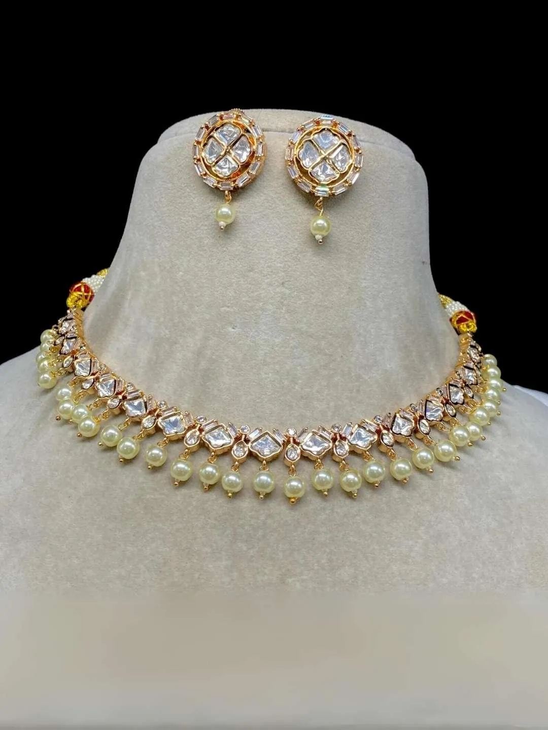 Gold Plated Kundan Polki Beaded Meenakari Choker Necklace Set