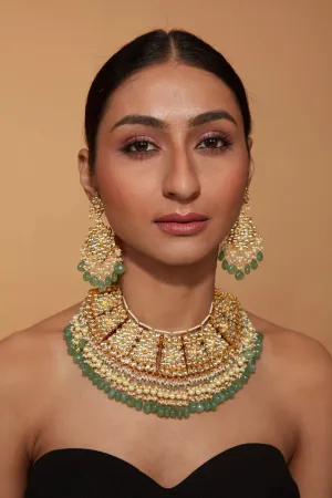 Gold Plated Kundan Polki Green Bead Drop Choker Necklace & Chaandbali Earrings Set