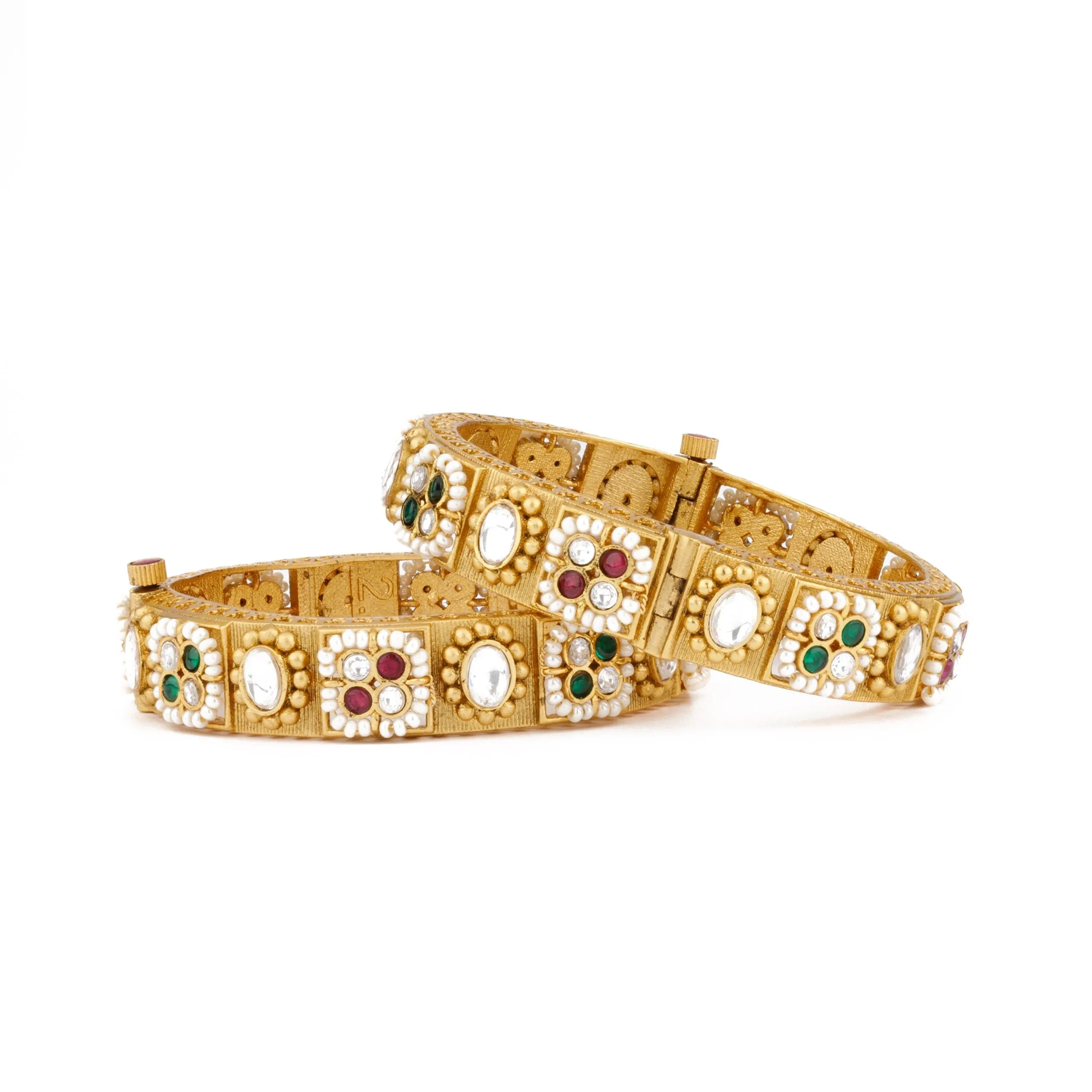 Gold Plated Kundan With Pearls Red & Green Onyx Stone Bangles, Set of 2