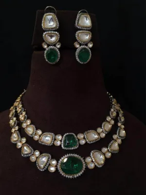 Green Kundan And Semi Precious Stone Embellished Geometric Necklace Set