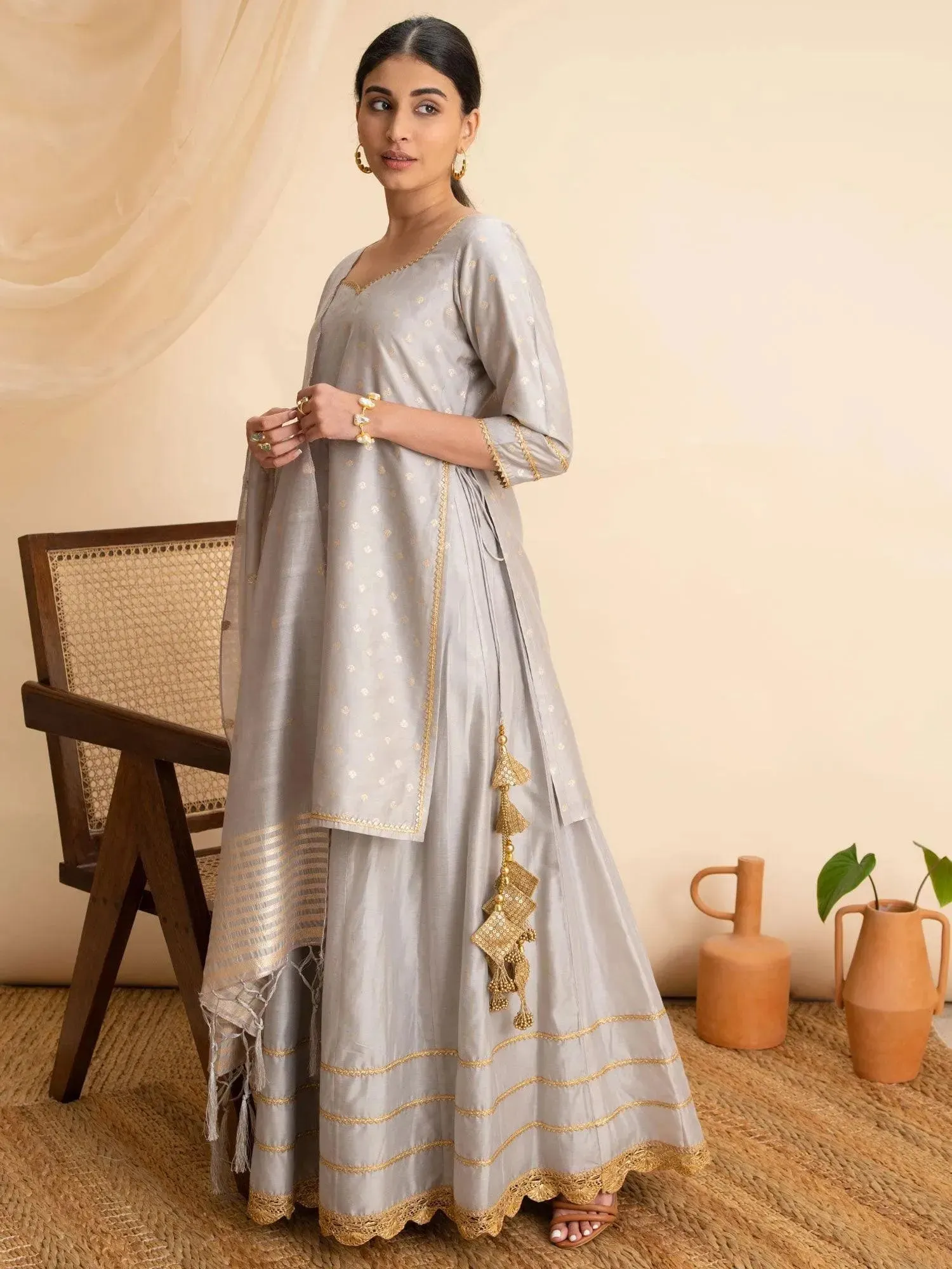 Grey Self Design Silk Straight Kurta With Skirt & Dupatta