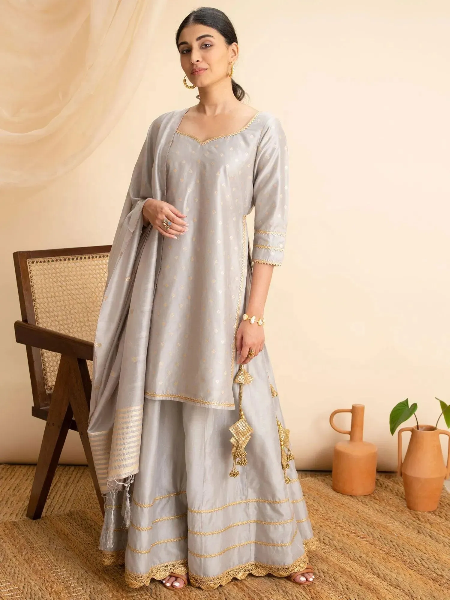 Grey Self Design Silk Straight Kurta With Skirt & Dupatta