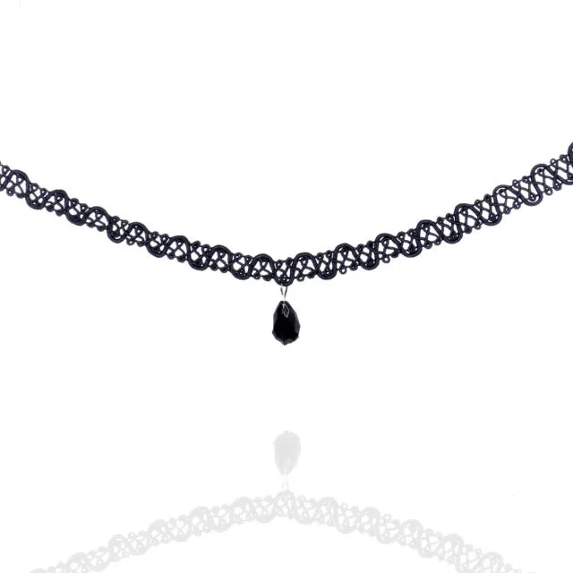 Hot Sale Women Water Drop Choker Lace Short Necklace Adjustable Black Band With Drop Pendant Women Short Neck Band 2017 Boho