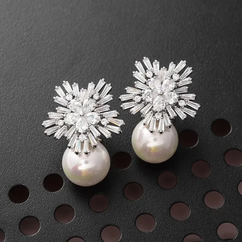 Huitan Flower Design Simulated Pearl Earrings for Women Gorgeous Cubic Zirconia Drop Earrings Aesthetic Female Accessory Jewelry