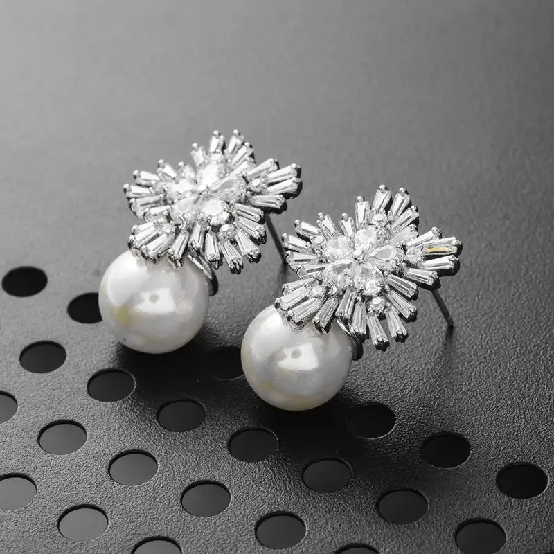 Huitan Flower Design Simulated Pearl Earrings for Women Gorgeous Cubic Zirconia Drop Earrings Aesthetic Female Accessory Jewelry